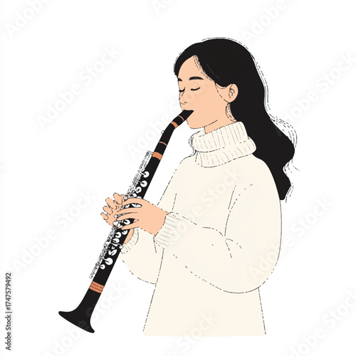  Illustration of a young woman playing the clarinet.