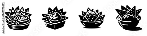 Nachos with guacamole in a bowl black and white illustration.