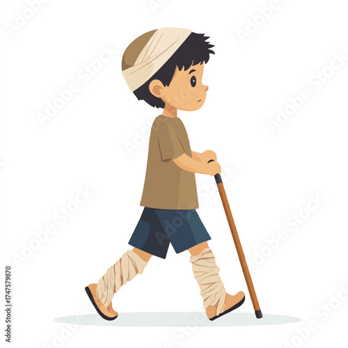 Injured boy walking with a cane and bandages