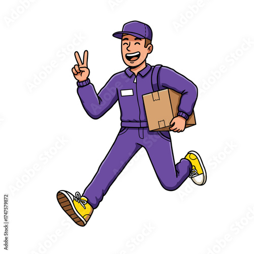 Cheerful delivery person in purple uniform runs with cardboard box under one arm, flashing peace sign and smiling widely on light background.