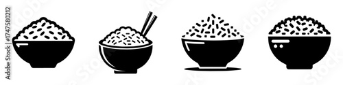 Rice Bowl Icons Set: Culinary Delights and Asian Cuisine.
