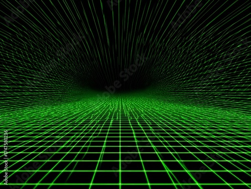 Abstract green glowing digital grid lines creating a futuristic perspective tunnel or wormhole effect on a black background.