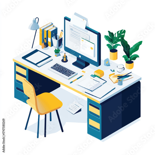 Isometric Home Office Desk with Computer and Stationery