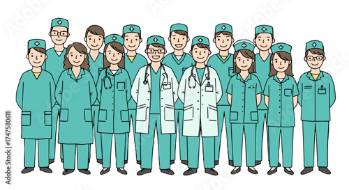 Group of healthcare professionals, united and collaborative in a hospital setting, medical team, copy space
