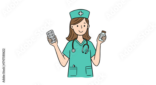Nurse or doctor holding medicine tablets and vitamins in packaging, knowledgeable and caring, copy space