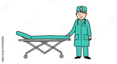 Nurse with a stretcher for transporting bedridden patients, professional and ready in a hospital, post-operative care, copy space