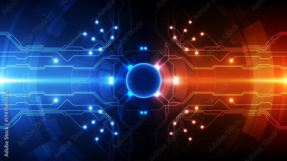 Obraz premium Digital Circuit Board Background: Blue and Red Energy Flow with Futuristic Technology Core