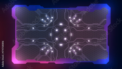 Futuristic HUD Border and Digital Circuit Background: Neon Cyberpunk Technology Interface Frame