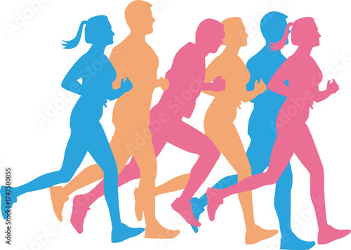 Colorful silhouette runners running together on black background group marathon athletes