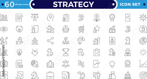 Strategy Outline icon set with planning, teamwork, deadline, and budget symbols. Includes strategy, workflow, and collaboration elements for business development. Editable stroke outline icon. 
