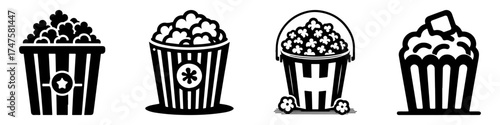 Popcorn bucket icons set for cinema and movie snack.