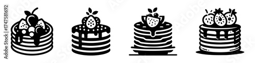 Delicious Pancake Stack Icons with Fresh Fruit Toppings.