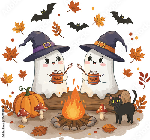 Adorable halloween ghosts enjoying a campfire with bats pumpkins and autumn leaves