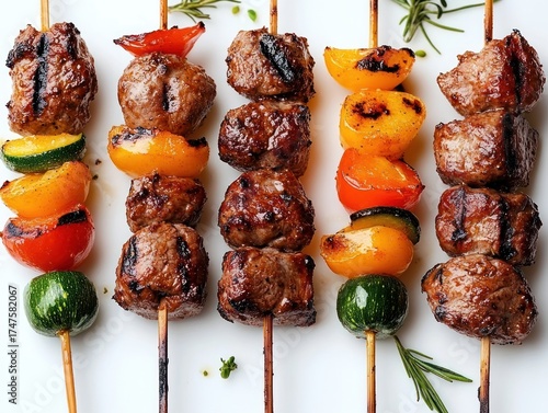 Grilled beef kebabs with colorful bell peppers and zucchini on wooden skewers arranged neatly on a white surface with fresh herbs