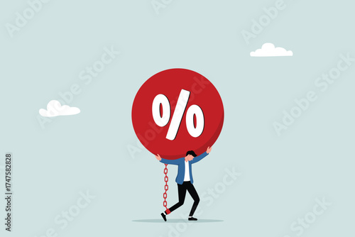 The concept of high-interest rate debt burden risk, rising federal interest rates, heavy loan installments, entrepreneurs burdened with high interest.