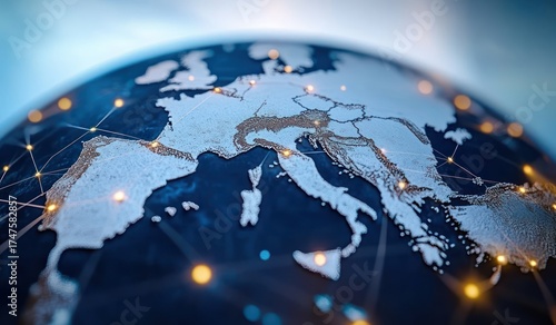Close-up view of a globe showing the European and Mediterranean regions with illuminated network connections highlighting data or communication links