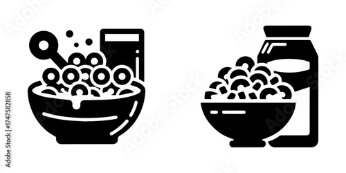 Breakfast Cereal Bowl with Milk and Spoon Icon Set.