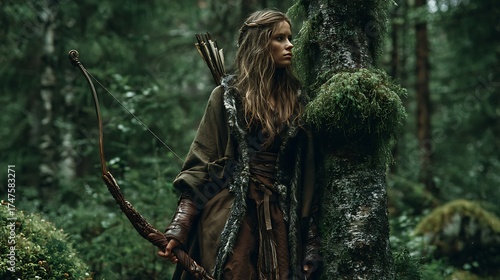 Beautiful Huntress Wearing an Elegant Leather-Trimmed Robe in the Forest