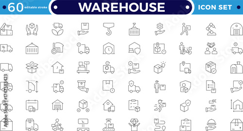 Warehouse Outline icon set featuring factory, conveyor belt, warehouse, and logistics symbols. Includes automation, transport, production, and manufacturing elements. Editable stroke outline icon. 
