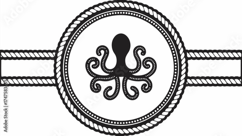 Elegant nautical octopus emblem in rope circle, perfect for coastal designs and maritime themes