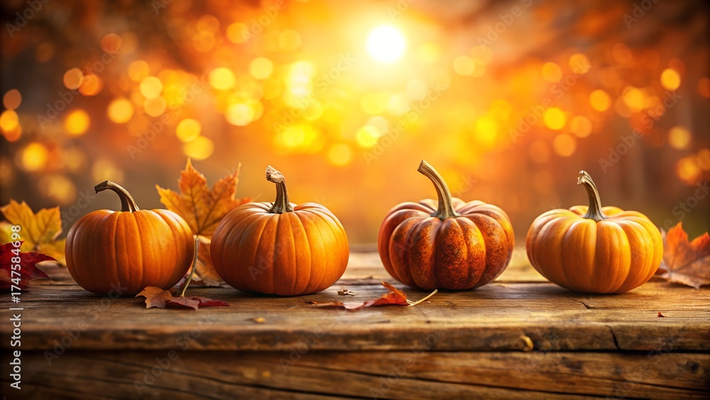 Fototapeta premium Four pumpkins on a wooden table with autumn leaves and a blurred background
