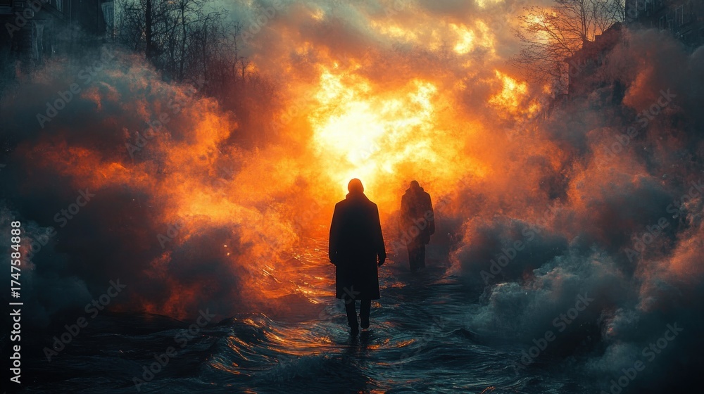 Fototapeta premium Two silhouetted figures walking through a foggy, fiery urban street with intense orange and blue smoke creating a dramatic and mysterious atmosphere