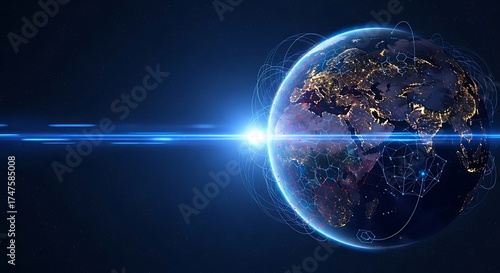 Wallpaper Mural Glowing Earth from space with city lights and light streak, illustrating global connectivity and technology. Torontodigital.ca