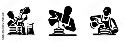 Pancakes being poured with syrup breakfast preparation cooking process.