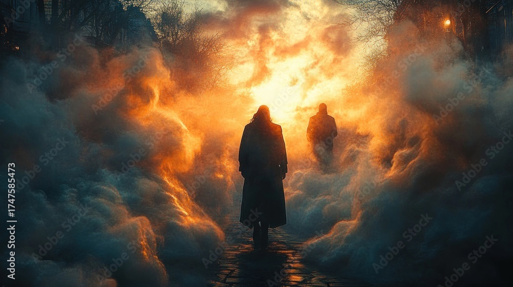 Fototapeta premium Two silhouetted figures walk through thick orange and blue fog on a dark street creating a mysterious and dramatic atmosphere at dusk