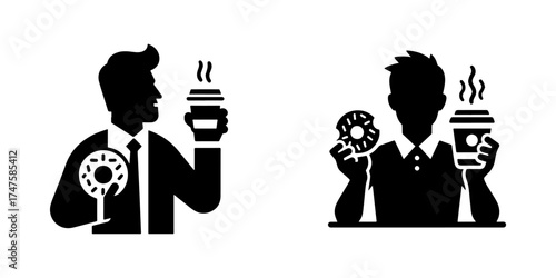 Man with coffee and donut silhouette black and white simple design.
