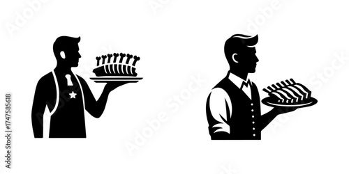 Chef Serving Meat Dish Restaurant Logo Design Concept.