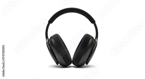 Modern black over-ear headphones isolated on pure white background for technology and audio advertising