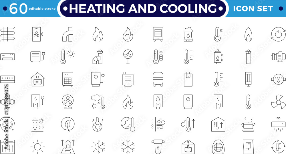 Heating and cooling efficiency Outline icon set featuring thermostat ...