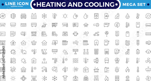 Heating and cooling efficiency Outline icon set featuring thermostat, radiator, heat pump, and ventilation symbols. Perfect for smart home design, climate control. Editable stroke outline icon. 