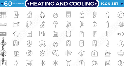 Heating and cooling efficiency Outline icon set featuring thermostat, radiator, heat pump, and ventilation symbols. Perfect for smart home design, climate control. Editable stroke outline icon. 