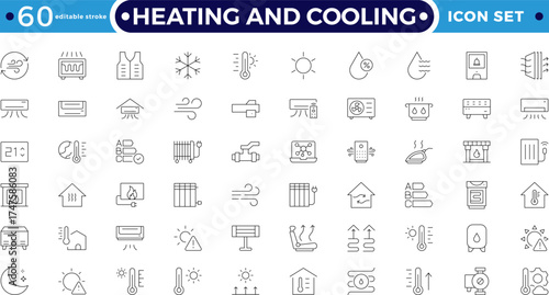 Heating and cooling efficiency Outline icon set featuring thermostat, radiator, heat pump, and ventilation symbols. Perfect for smart home design, climate control. Editable stroke outline icon. 
