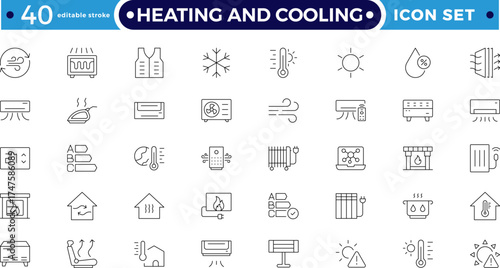 Heating and cooling efficiency Outline icon set featuring thermostat, radiator, heat pump, and ventilation symbols. Perfect for smart home design, climate control. Editable stroke outline icon. 