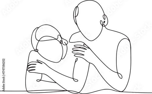 Continuous one-line drawing of two figures, likely a parent and child, in a tender embrace, symbolizing comfort, support, and the strong bond of human connection