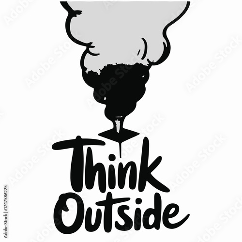 Silhouette of a person with a lightbulb illuminating from their head symbolizing innovative thinking and creative ideas and the words think outside