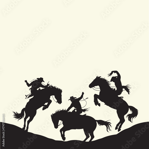Action-packed western illustration depicting spirited cowboys and their horses in dynamic poses, embodying freedom, skill, and frontier legacy