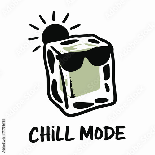 A hand drawn cartoon illustration of a melting ice cube wearing sunglasses with a sun behind it and the text chill mode