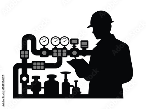 Black silhouette of engineer observing industrial equipment pipes
