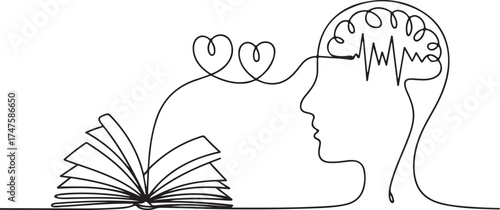 Abstract continuous line drawing symbolizing the profound emotional and cognitive connection between reading, knowledge acquisition, and mental well-being, fostering intellect and personal growth