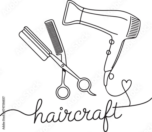 Haircraft A stylish icon featuring scissors, a comb, a hairdryer, and artistic lettering