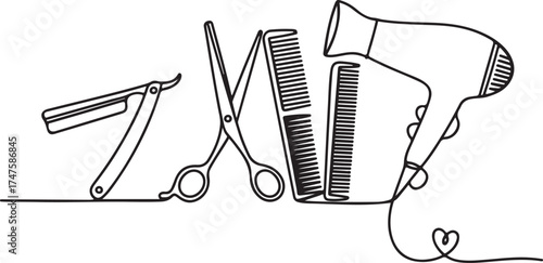 Collection of hairstyling and grooming tools, including a razor, scissors, combs, and a hairdryer, artistically rendered in a continuous line drawing style