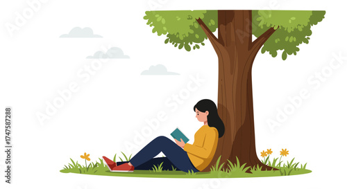 A tranquil illustration of a young woman reading a book on green grass under a large tree, capturing a serene moment of outdoor relaxation and literary enjoyment