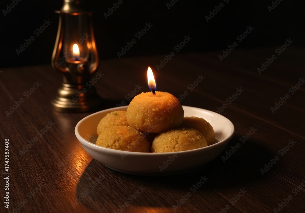 Obraz premium Still life of sweets in a bowl with a candle and a lantern on a wooden table in dim light