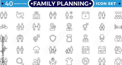 Family planning and Fertility planning Outline icon set featuring sperm analysis, calendar, supplements, and antenatal. Perfect for reproductive health, pregnancy. Editable stroke outline icon.