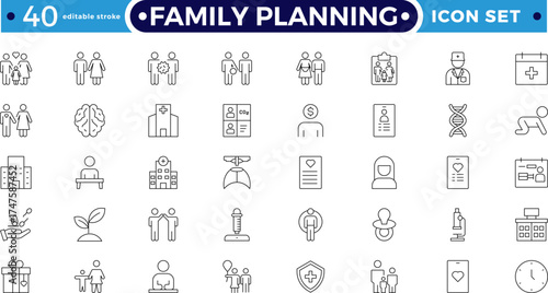 Family planning and Fertility planning Outline icon set featuring sperm analysis, calendar, supplements, and antenatal. Perfect for reproductive health, pregnancy. Editable stroke outline icon.