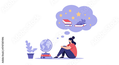 Dreaming Woman with Books and Globe Surrounded by Stars and Imagining Distant Worlds